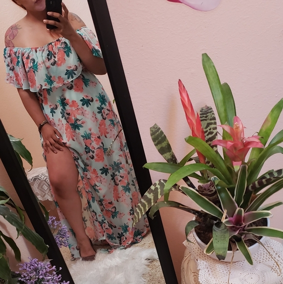 BLUE DRESS SILK FLOWER PRINT OFF SHOULDER MAXI MULTIPLE SIZES AVAILABLE - Picture 6 of 7